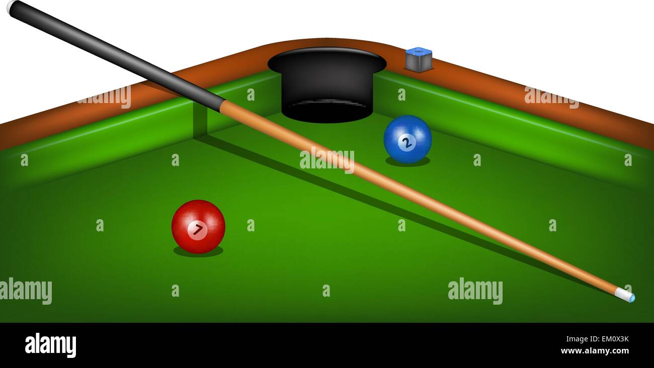Billardtisch mit Billard-Queues, Kreide und Billard-Kugeln Stock Vektor