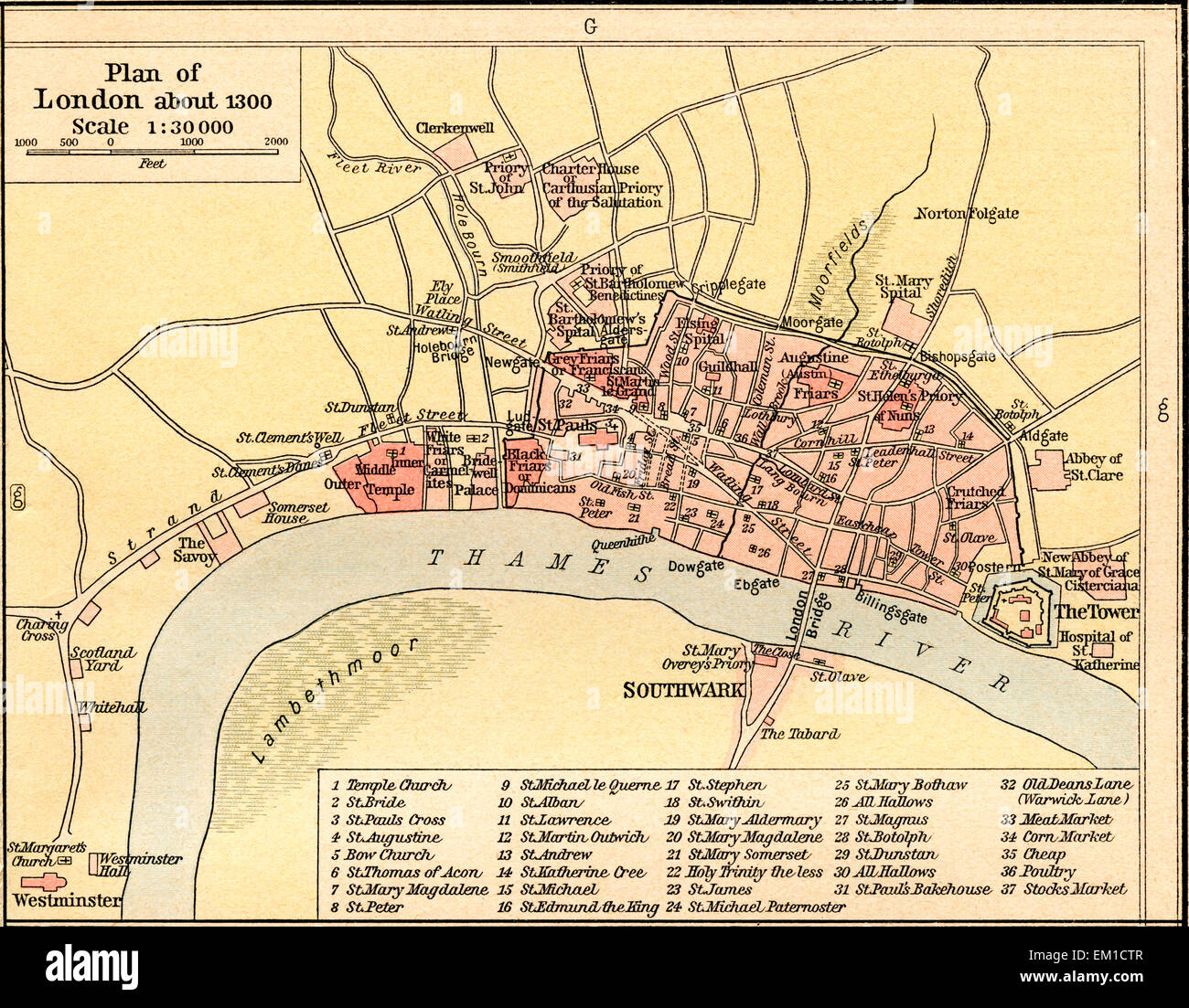 Plan von London, England c. 1300. Stockfoto