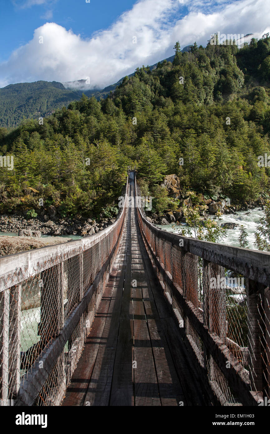 Hängebrücke. Nationalpark Queulat. Provinz Aysén. Chile Stockfoto