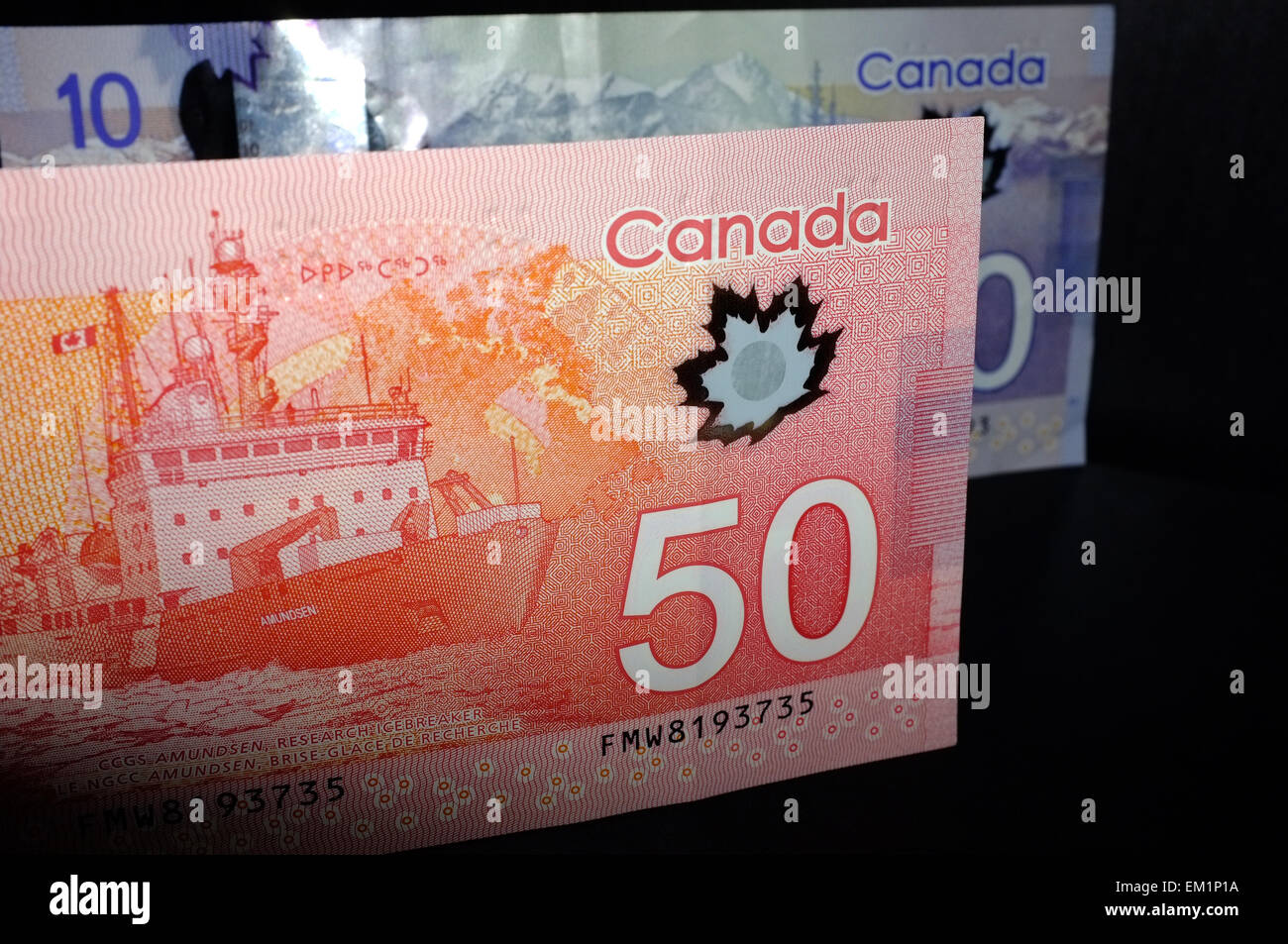Kanadische $20 Notizen vor einem schwarzen Hintergrund fotografiert. Stockfoto