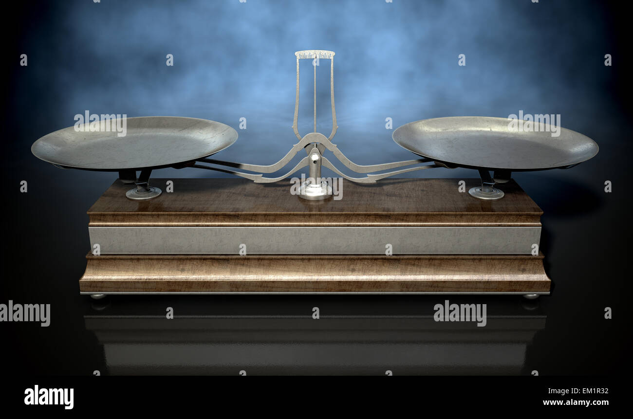 Eine leere alt aus Holz und Metall zwei Pfanne Gleichgewicht Skala auf eine isolierte schwarzen Hintergrund Stockfoto