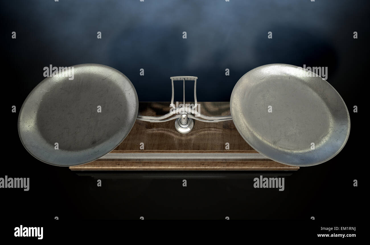 Eine leere alt aus Holz und Metall zwei Pfanne Gleichgewicht Skala auf eine isolierte schwarzen Hintergrund Stockfoto