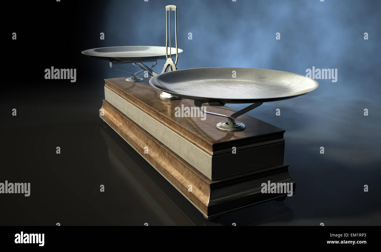 Eine leere alt aus Holz und Metall zwei Pfanne Gleichgewicht Skala auf eine isolierte schwarzen Hintergrund Stockfoto