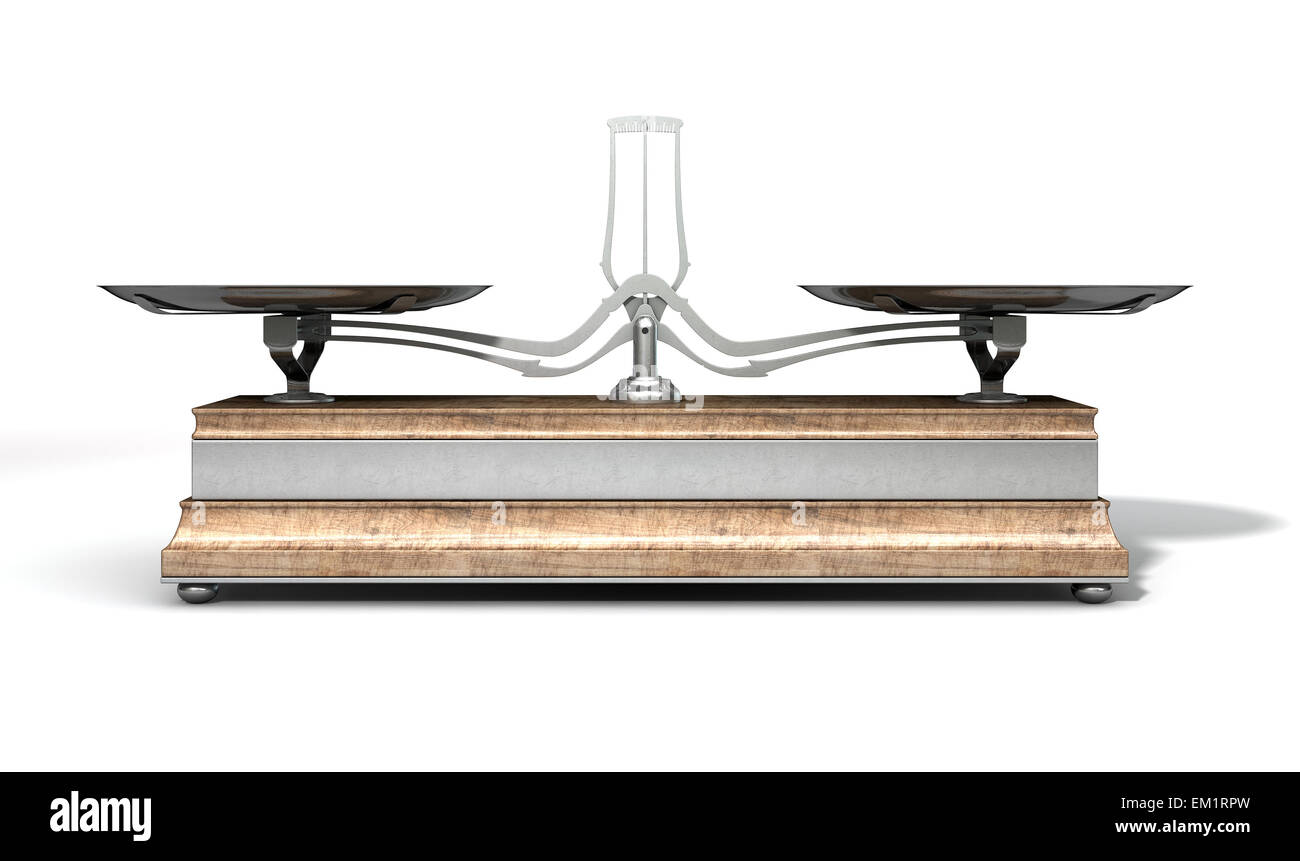 Eine leere alt aus Holz und Metall zwei Pfanne Gleichgewicht Skala auf einem isolierten weißen Hintergrund Stockfoto