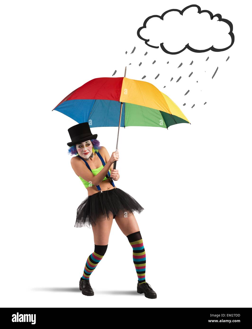 Clowns mit Regenbogen Regenschirm Stockfoto