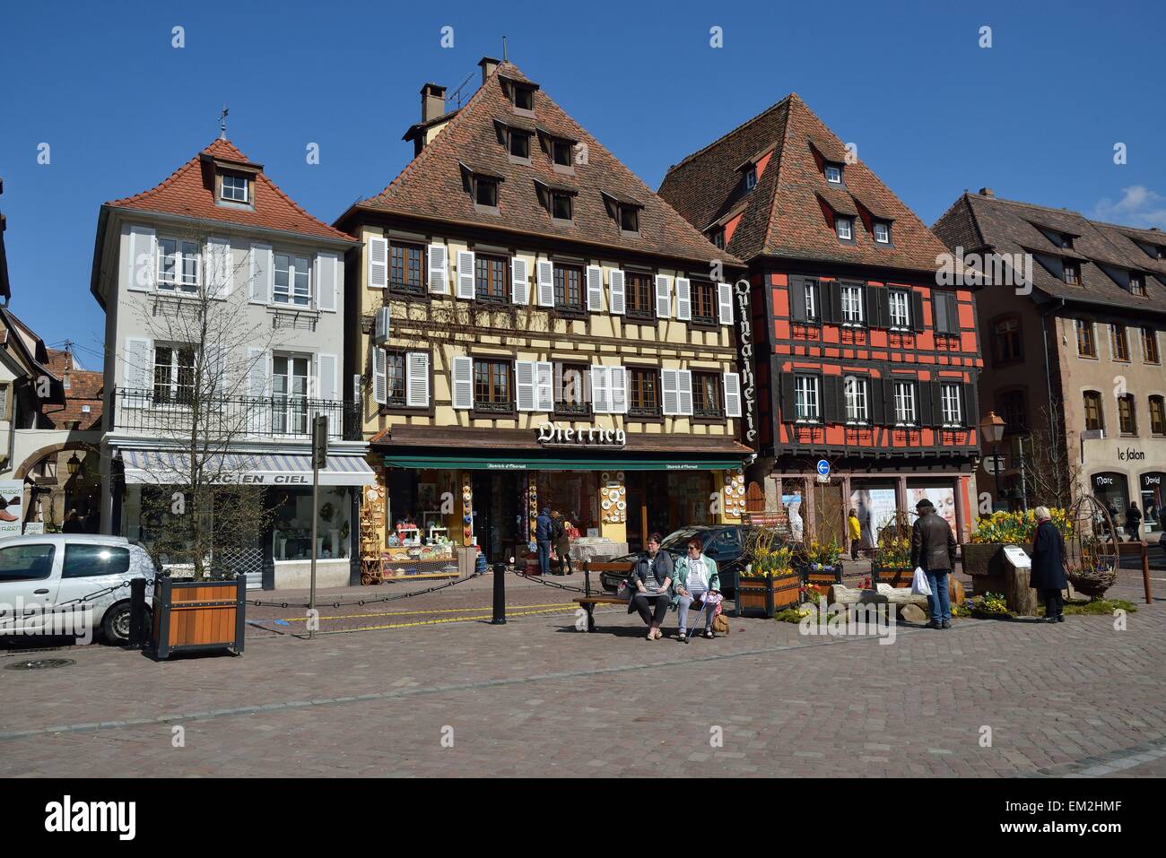 Fachwerkhäuser am Marktplatz, Obernai, Bas-Rhin, Elsass, Frankreich Stockfoto