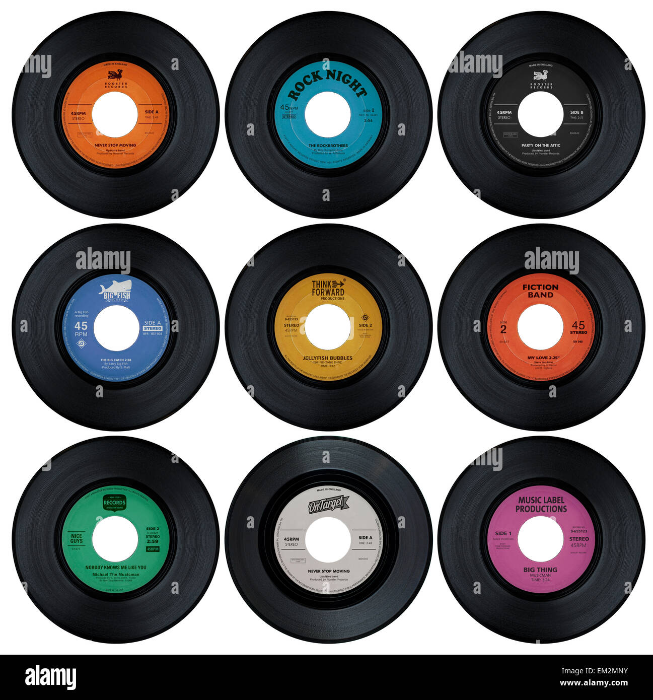 Satz von Vinyl-Schallplatten mit gefälschten Etiketten (1 von 2) Stockfoto