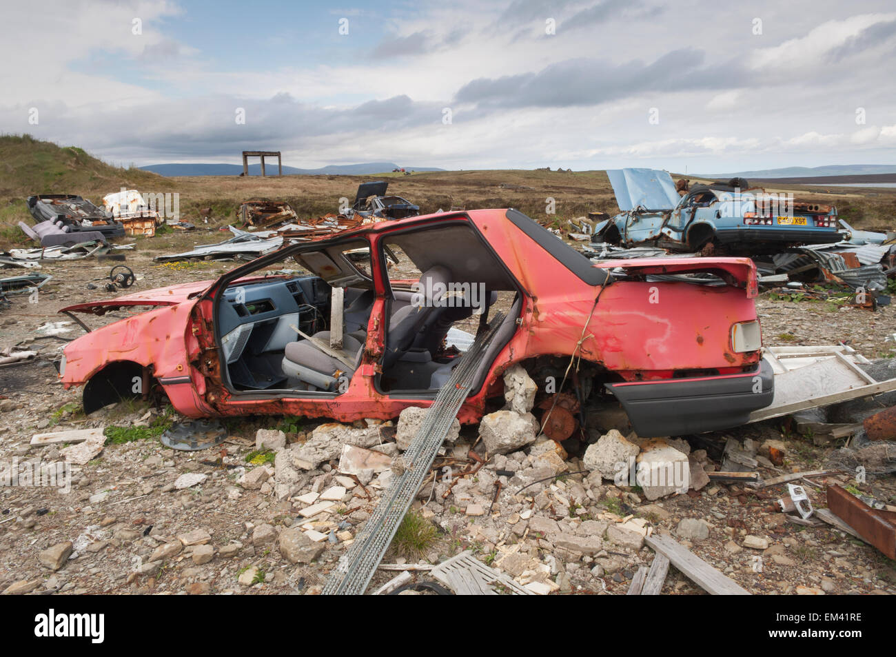 Verschrottete Autos auf der Insel Flotta - Orkney Inseln, Schottland. Stockfoto