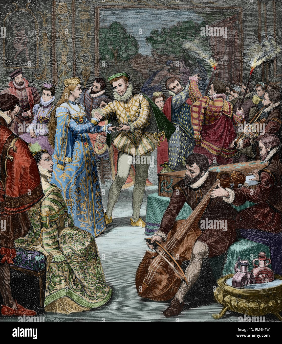 Leopold i. (1640-1705). Kaiser des Heiligen Römischen Reiches. Hochzeitsgesellschaft von Leopold I und Margaret Theresa von Spanien. Kupferstich von H. Kaefeberg in Germanien, 1882. Farbige. Stockfoto