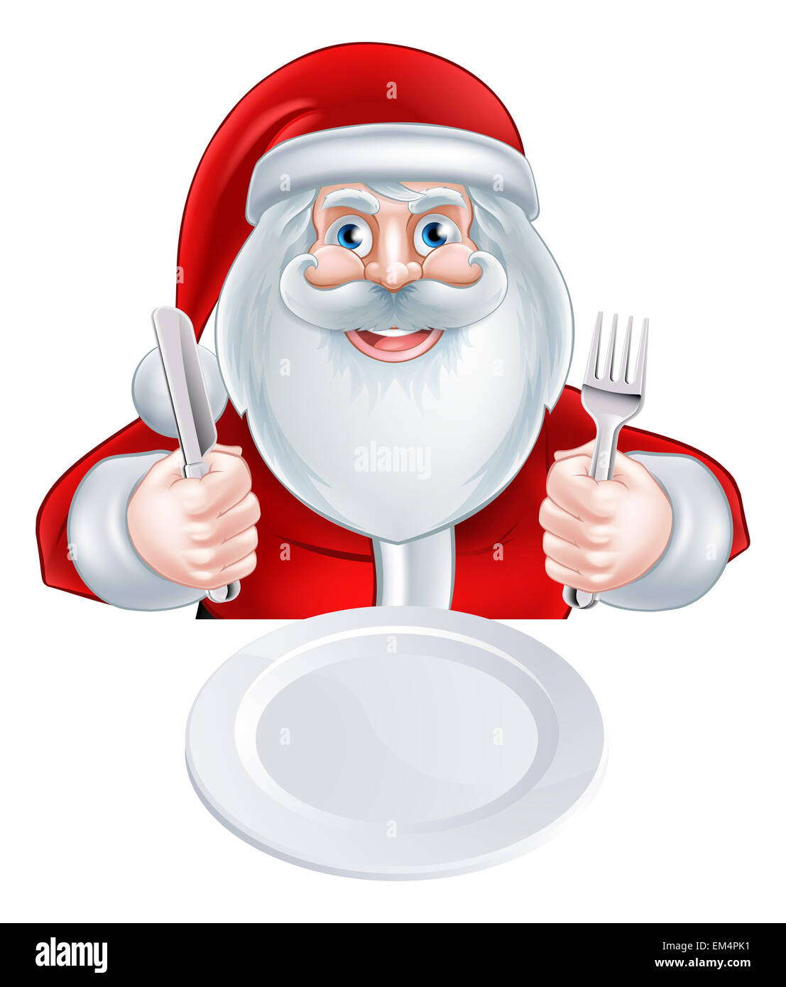 Eine Weihnachten Cartoon Illustration von Santa Claus mit seinem Messer und Gabel zu essen Stockfoto