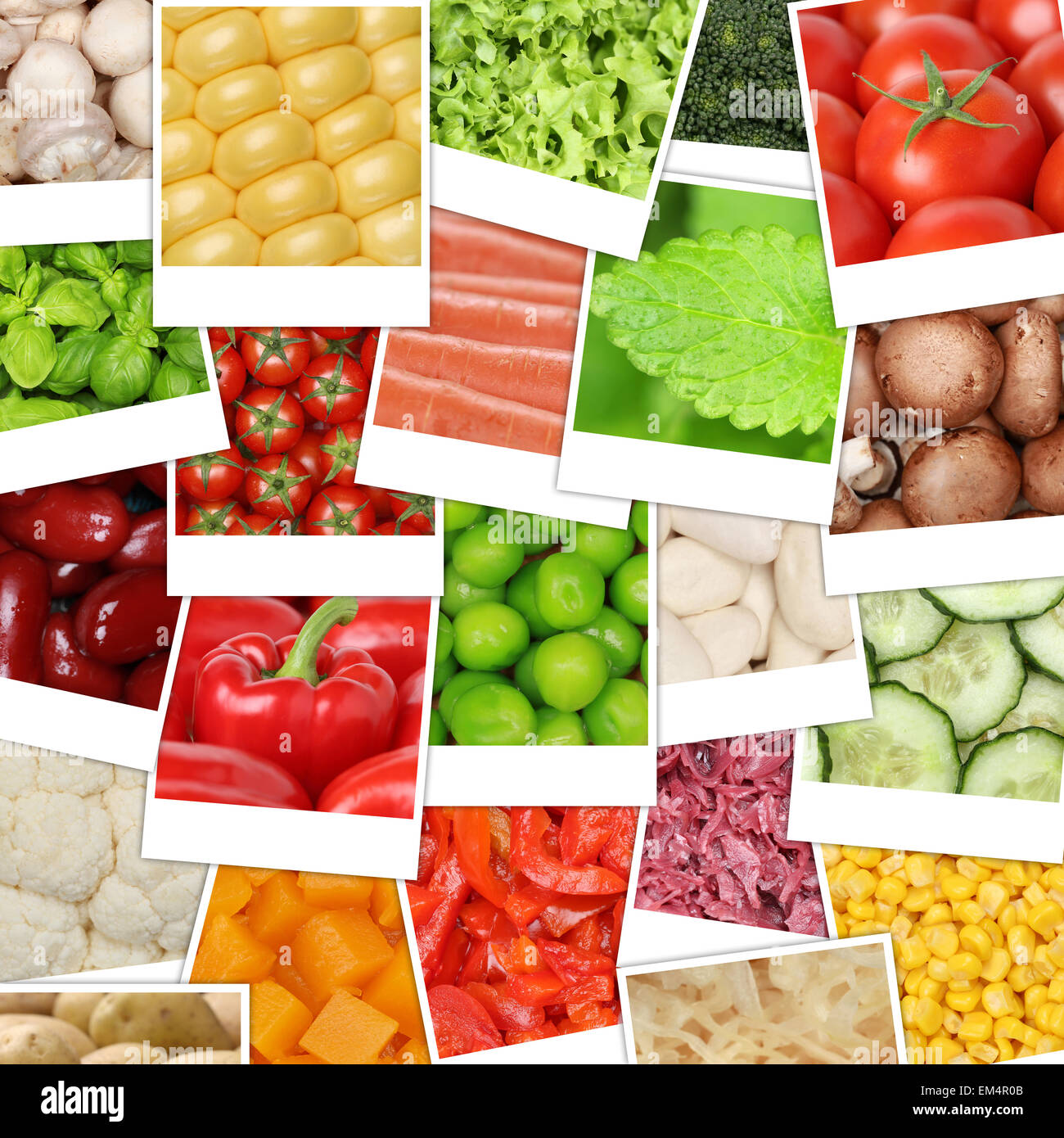 Essen Gemüse Hintergrund mit Tomaten, Paprika, Salat, Pilze, Kartoffeln, Bohnen und Gurken Stockfoto