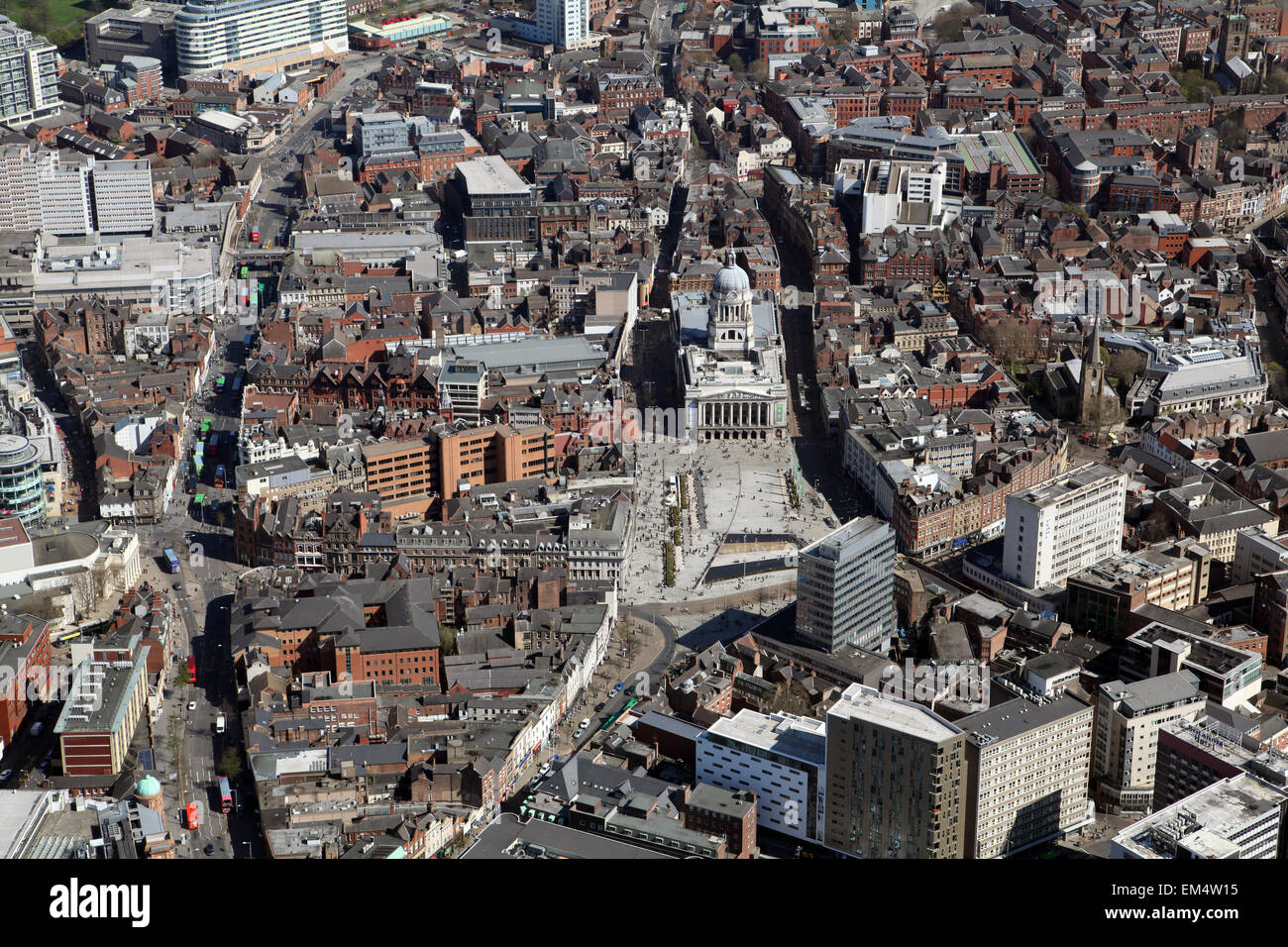 Luftaufnahme des Rathauses & Marktplatz, Nottingham Stadtzentrum, UK Stockfoto