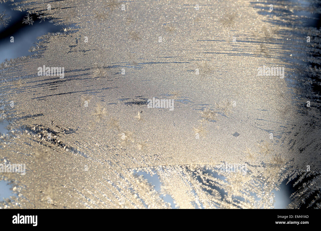 Schneeflocken gefrorenem Glas Windows fotografierte hautnah Stockfoto