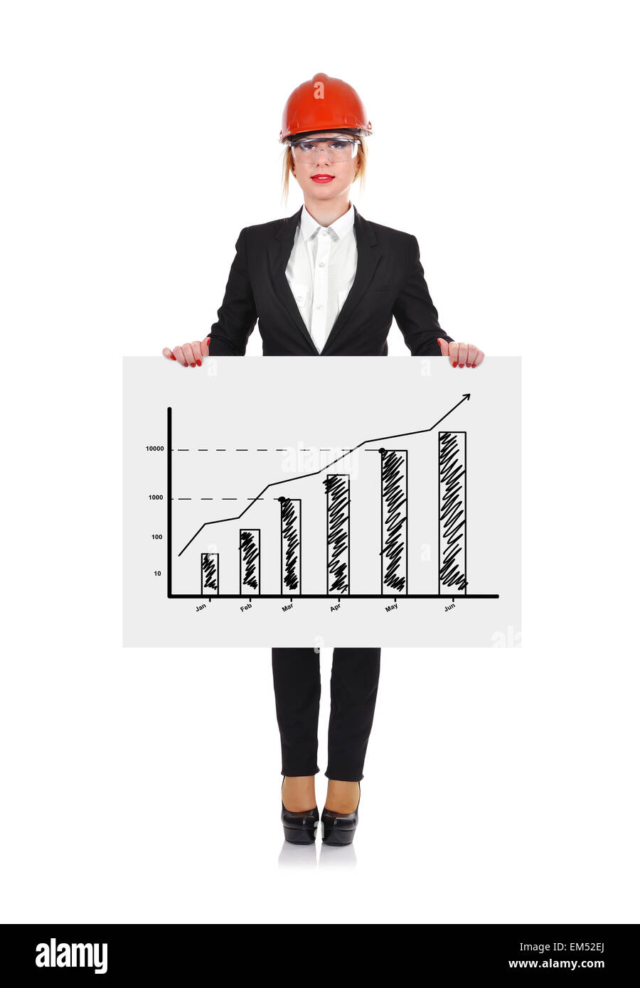 Ingenieur-Frau hält Plakat mit dem Diagramm zeichnen Stockfoto