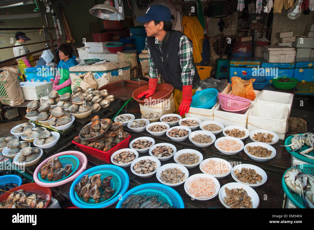 Verkäufer arbeiten am Fischmarkt; Busan, Südkorea Stockfoto