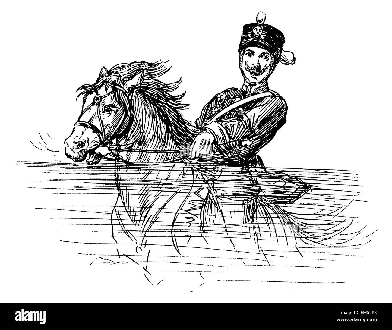 Soldat auf einem Pferd schwimmen Stockfoto