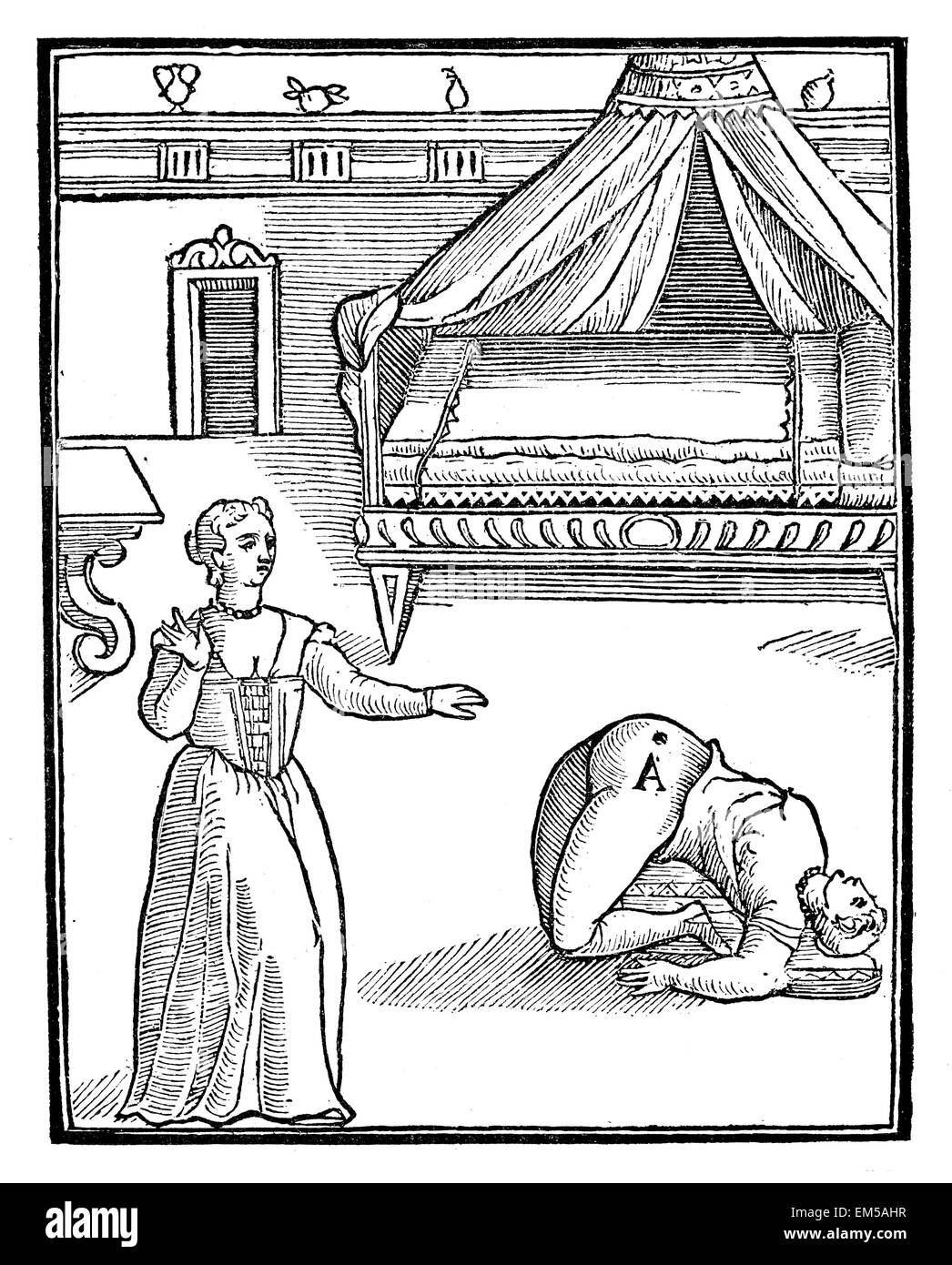 Italienische Hebamme aus dem 17. Jahrhundert mit einer Frau in den Wehen bei einer Geburt Position, die sehr dicke Frauen nehmen sollte. Von Scipione Mercurio Stockfoto