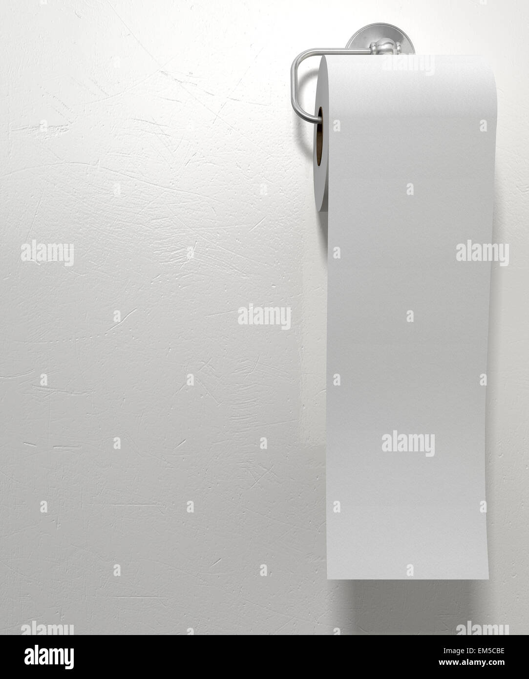 Eine Papierrolle weiße Toilette hängen ein Toilettenpapierhalter Chrom auf einer isolierten weißen strukturierten Hintergrund Stockfoto