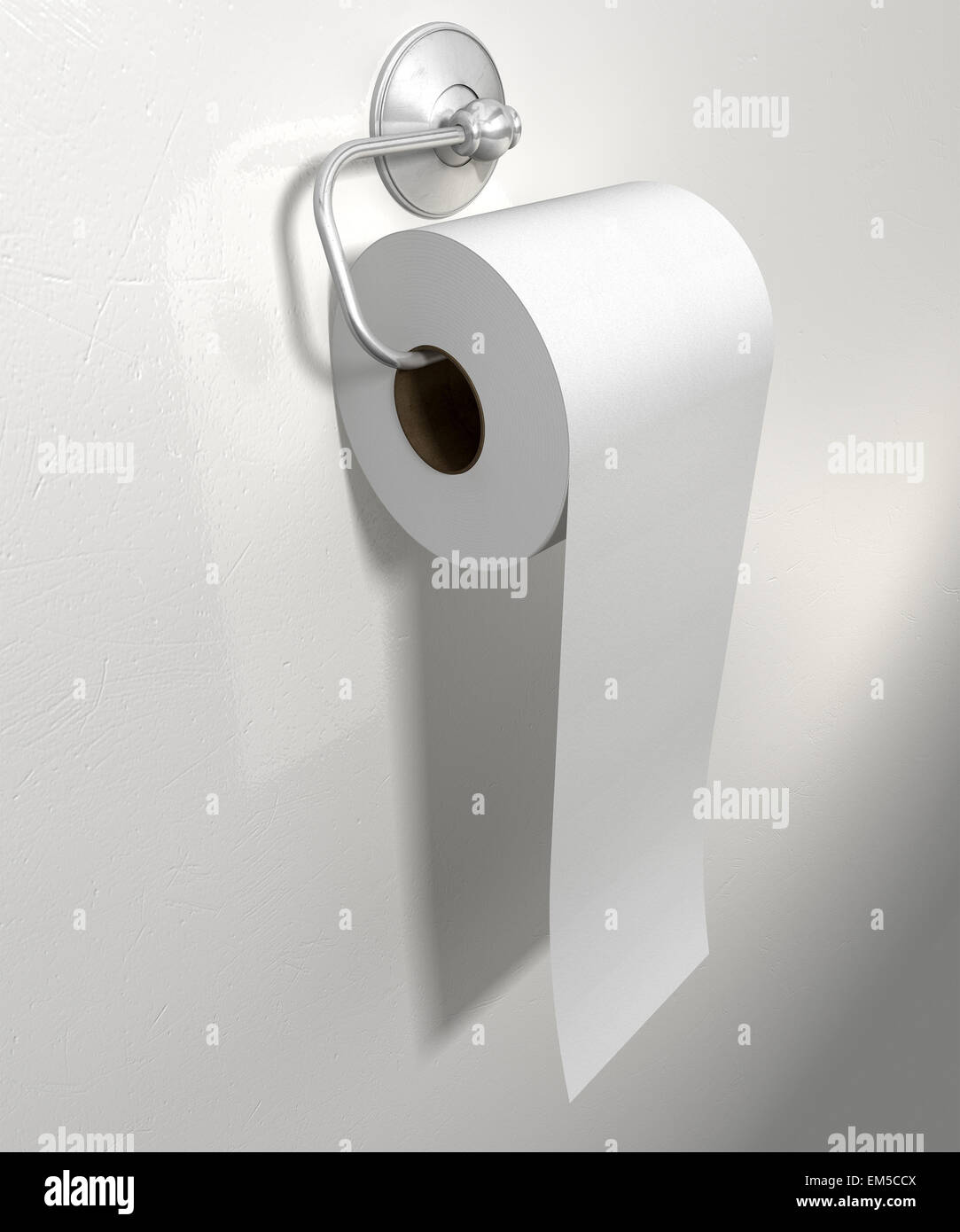 Eine Papierrolle weiße Toilette hängen ein Toilettenpapierhalter Chrom auf einer isolierten weißen strukturierten Hintergrund Stockfoto