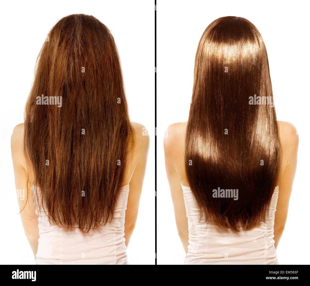 Vor und nach der Behandlung für strapaziertes Haar Stockfoto