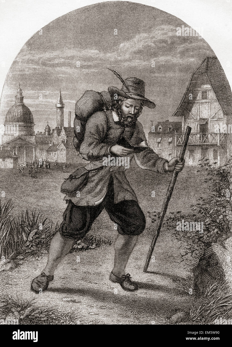 Christian, der Stadt der Zerstörung zu verlassen.  Von der Pilgerreise von John Bunyan. Stockfoto