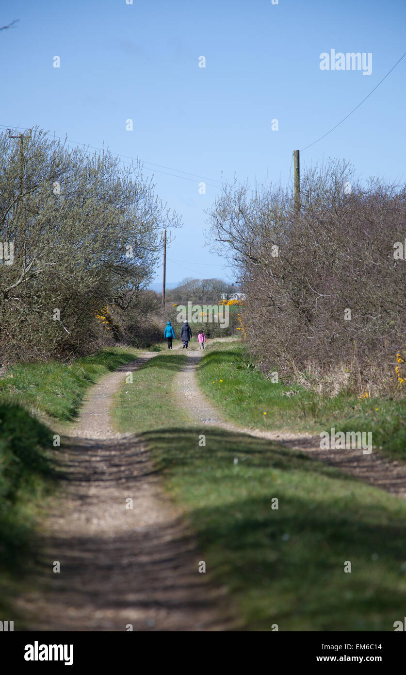 Long Shot eine Familie nehmen ein gemütlicher Spaziergang unten ein Land Rasen verfolgen / Bauernhof Spur an einem sonnigen Frühlingstag tragen Mäntel und Hüte Stockfoto