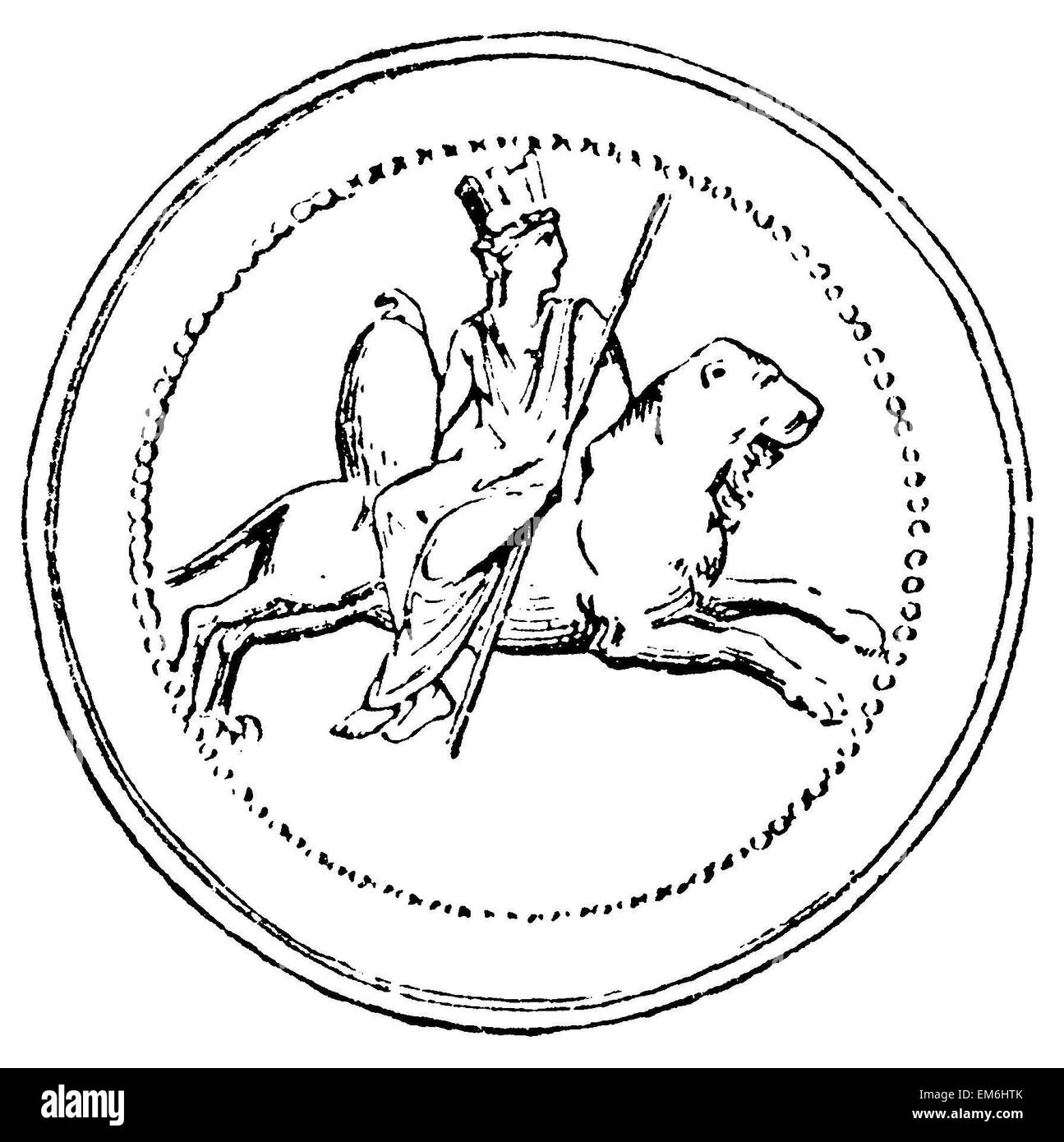 Kybele mit Mauerkrone sitzt auf einem Löwen Stockfoto