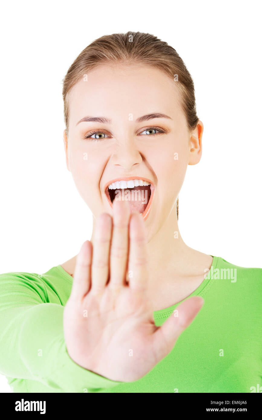 Halten Sie, stoppen Sie Geste zeigte, indem junge Frau Stockfoto