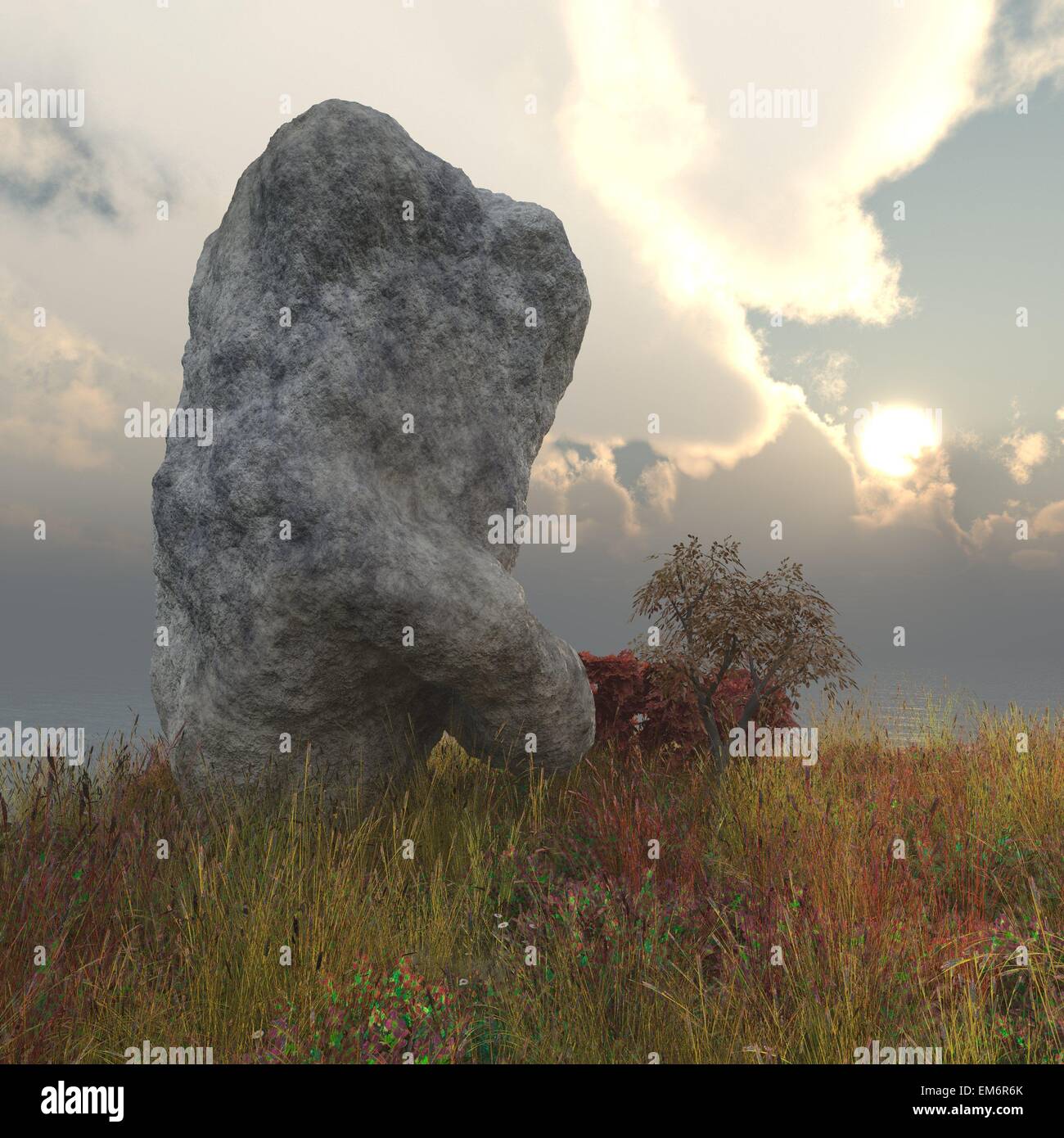 3D gerenderten Bild des großen seltsam geformten Felsen, umgeben von Bäumen und Blumen mit Blick aufs Meer Stockfoto
