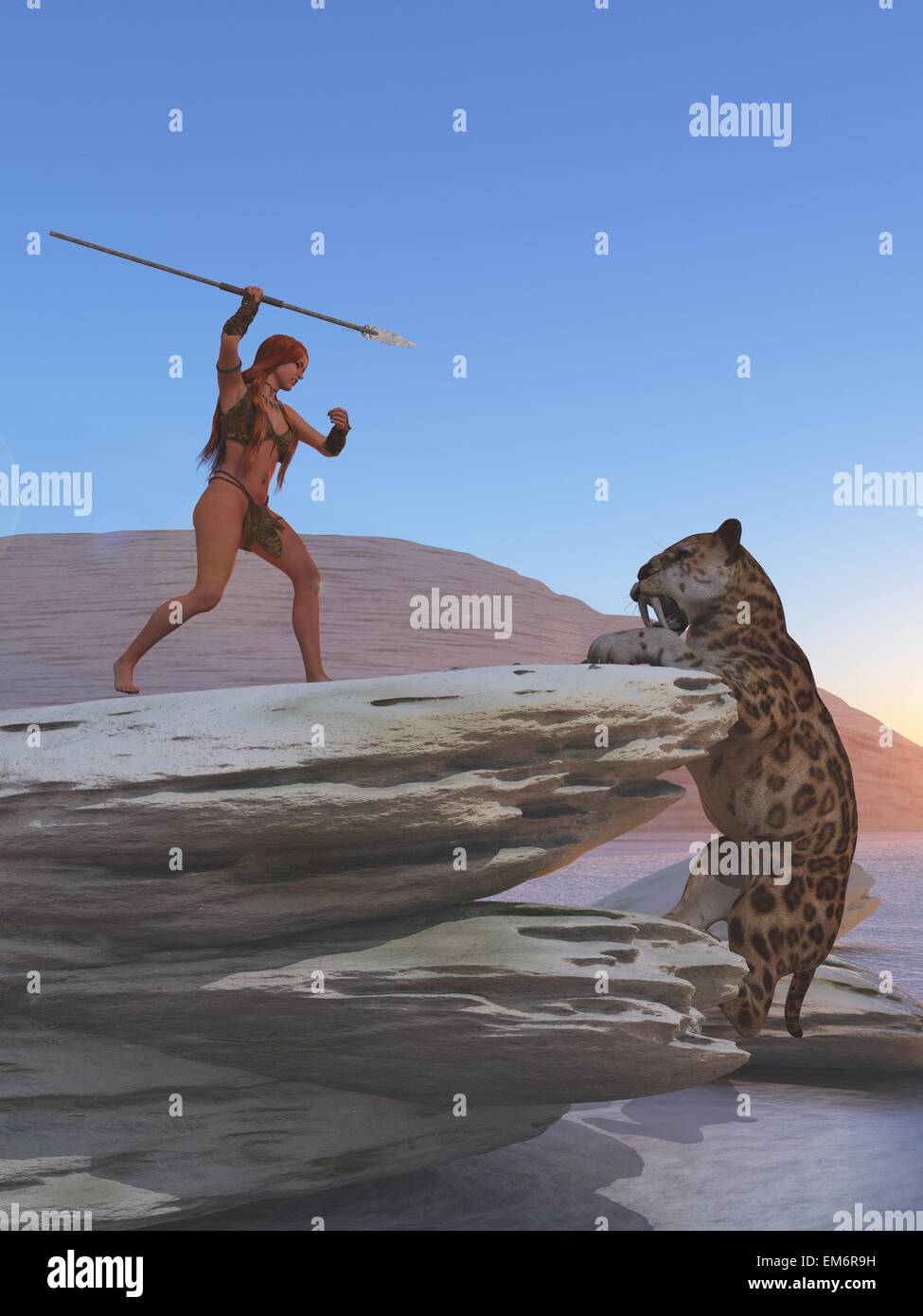 Prähistorische weiblich mit Stein Speer auf Rock-Plattform bereitet sich zur Wehr gegen massive sabretooth Stockfoto
