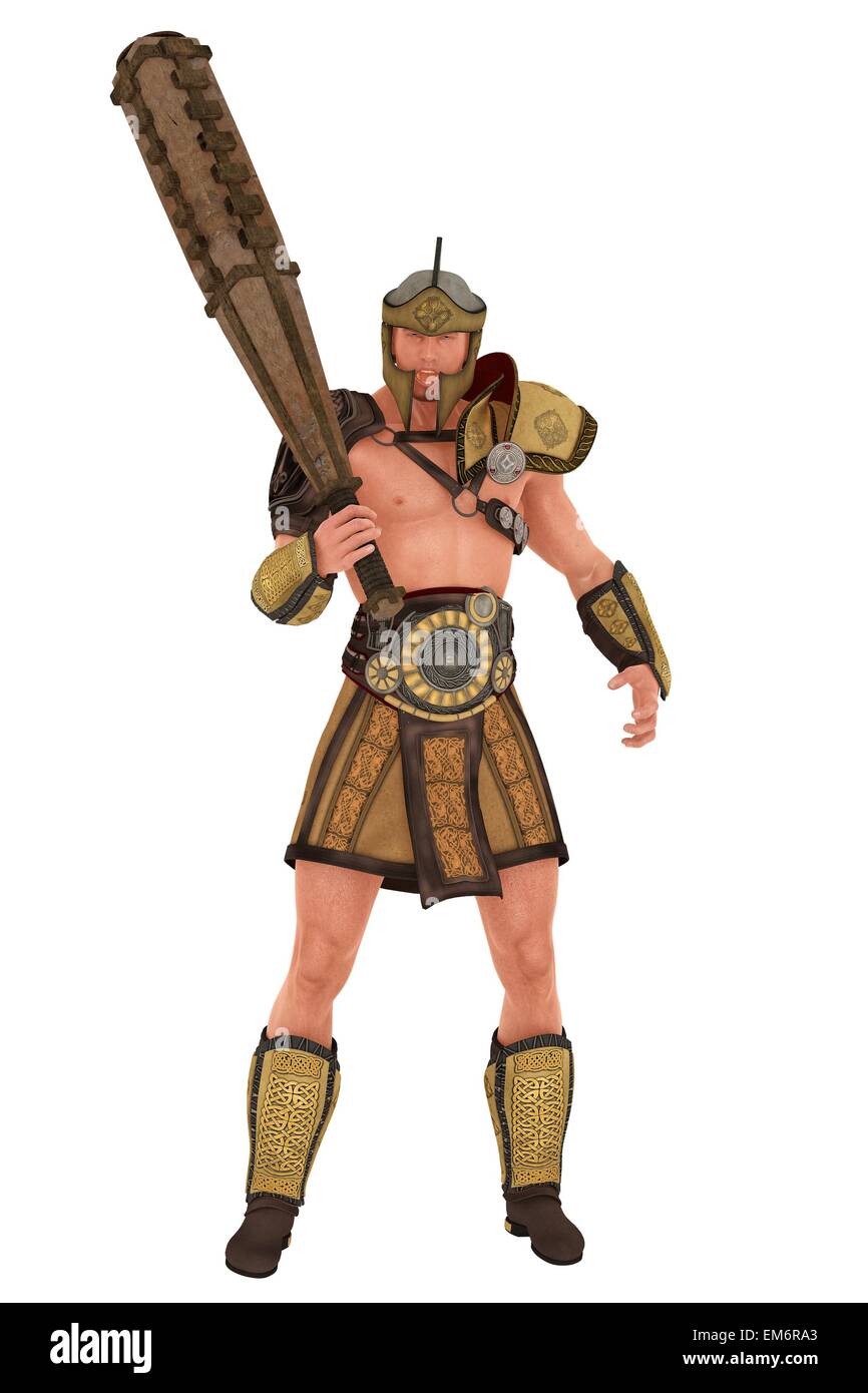 Die muskulösen griechischen Halbgott Hercules in Helm und Rüstung schwang Holzknüppel Stockfoto