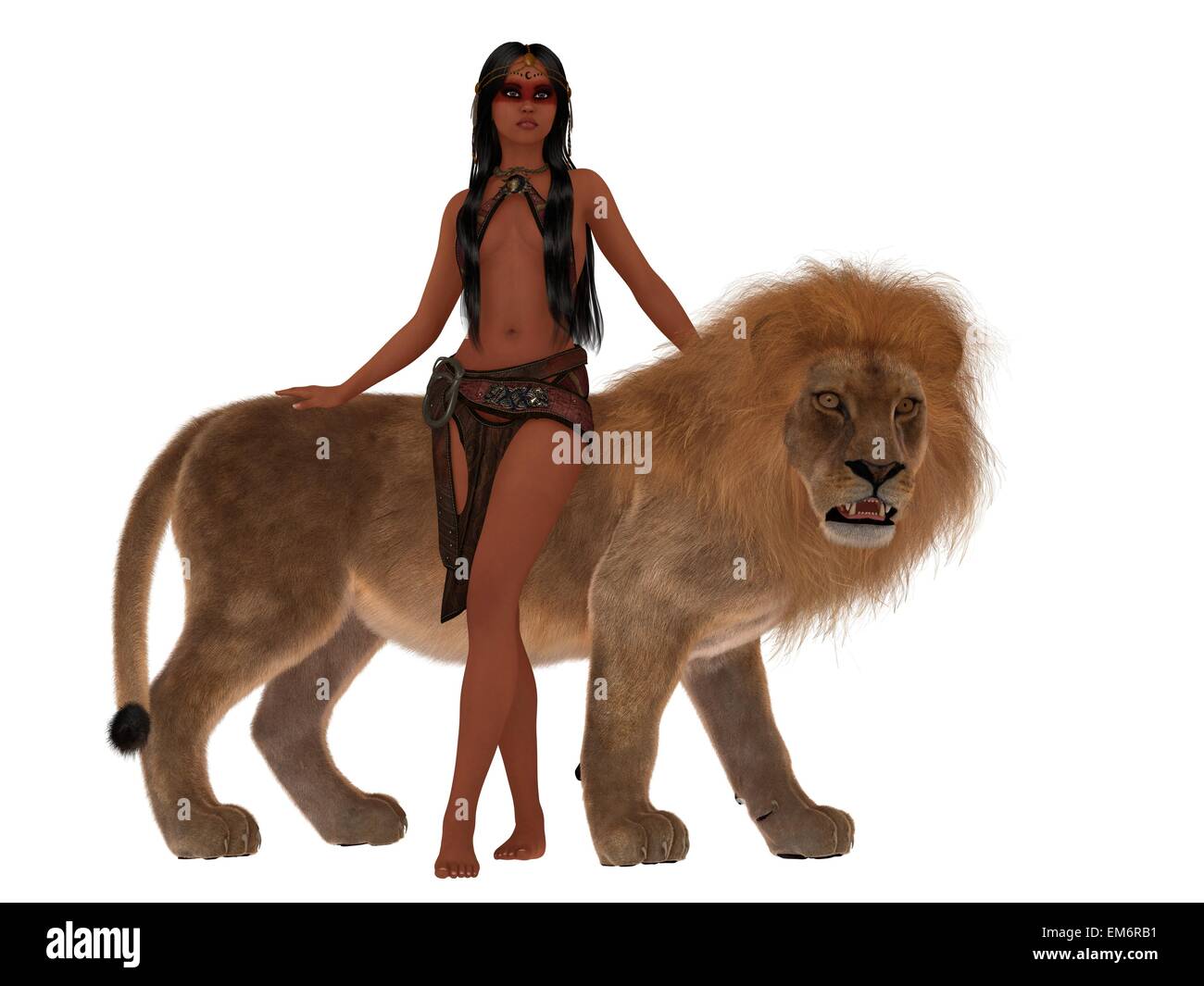 Exotische dunkel-enthäutete Frau im knappen Leder-Outfit stehen mit Haustier Löwen Stockfoto