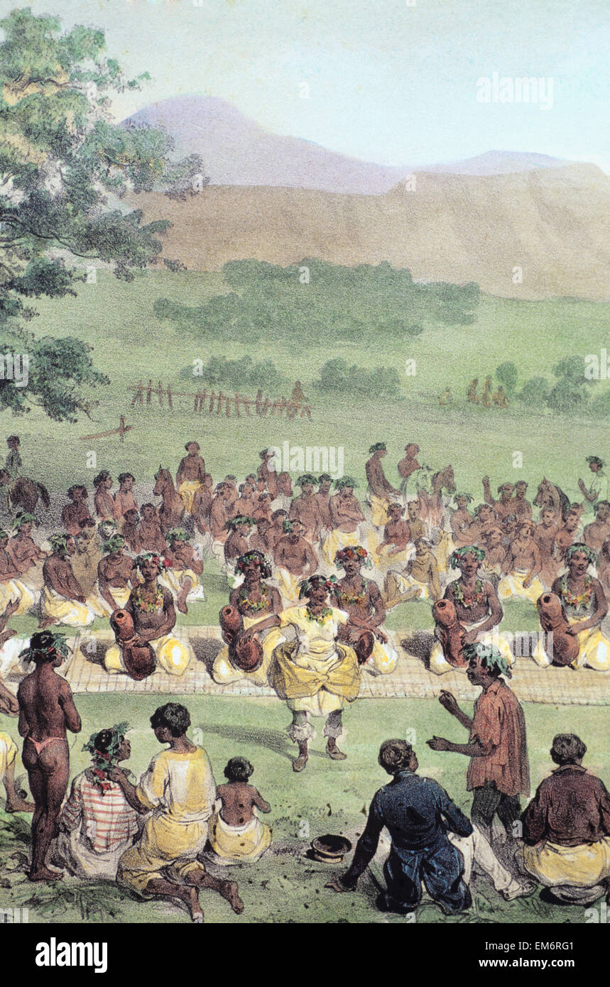 C.1836, Art Book Illustration, Fisquet, Frau tanzt vor Menschen versammelt. Stockfoto