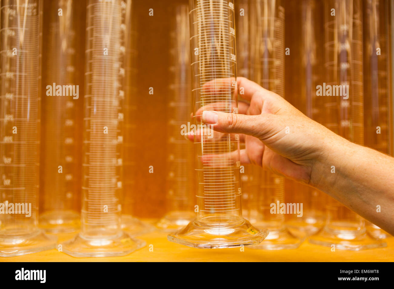 Eine Frau greift nach Glaswaren in einem Sedimentologie Labor in Boulder, Colorado. Stockfoto