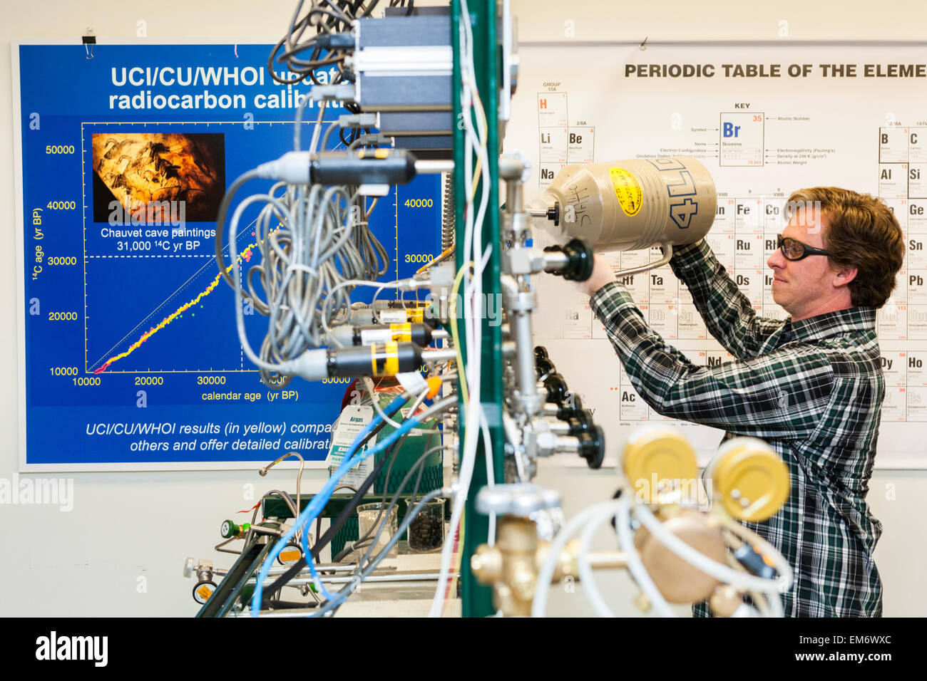 Ein Mann gießt flüssigen Nigrogen in ein Instrument eine Radiokarbon-Laboratory in Boulder, Colorado. Stockfoto