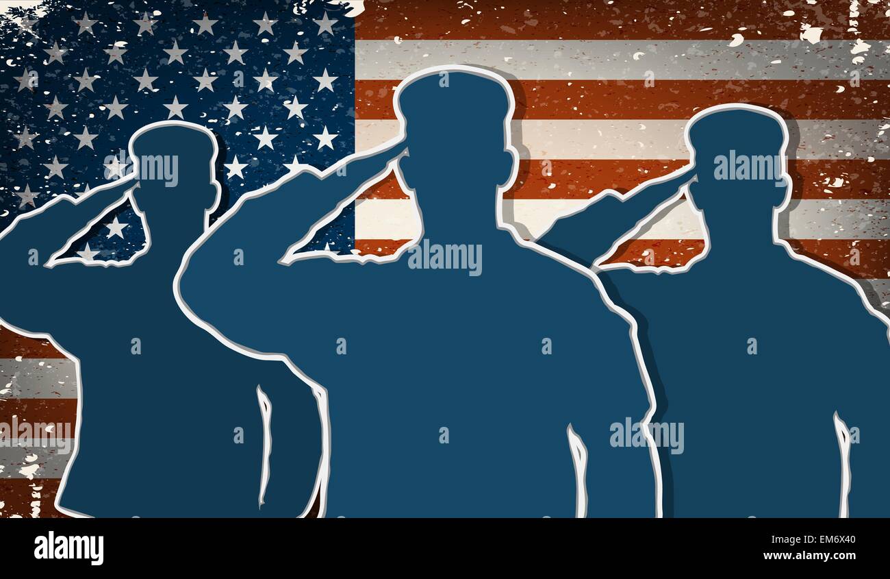 Drei US-Armee Soldaten salutieren auf amerikanische Flagge Grunge Hintergrund Vektor Stock Vektor