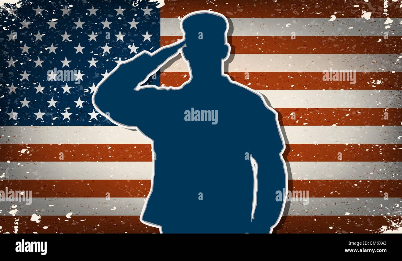 US-Armee Soldaten salutieren auf Grunge amerikanische Flagge Hintergrund Vektor Stock Vektor