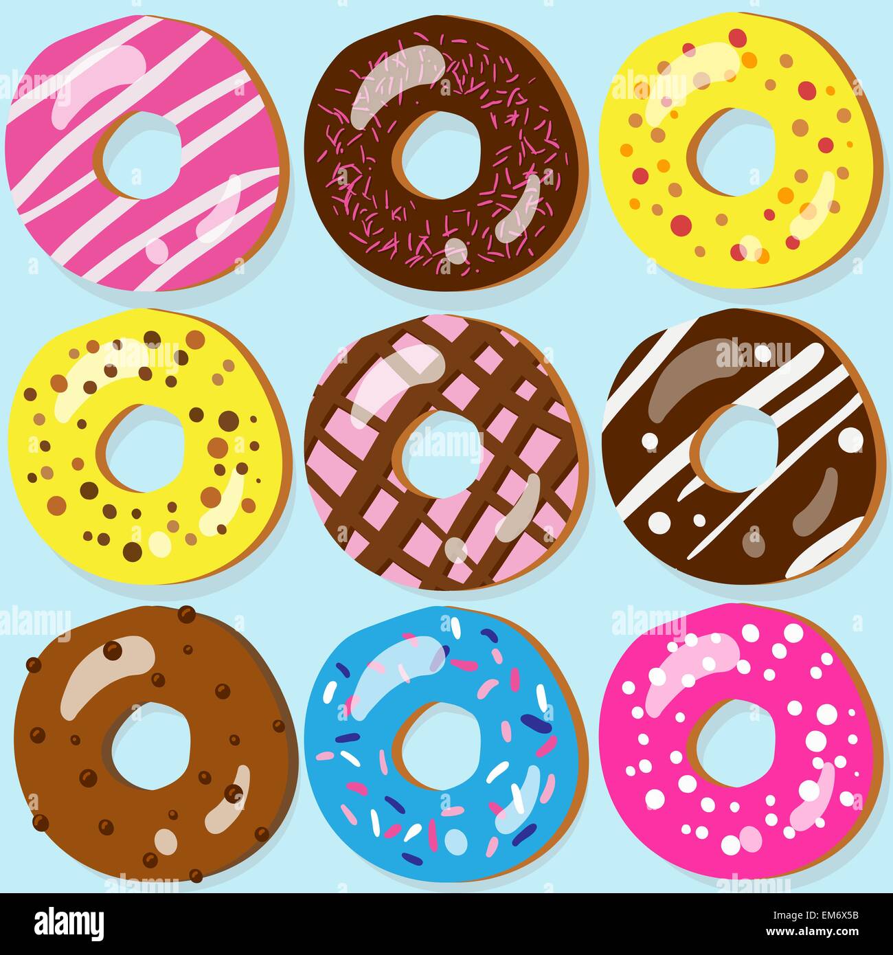 Set mit 9 verschiedene Donut-Symbole mit verschiedenen Belägen Stock Vektor