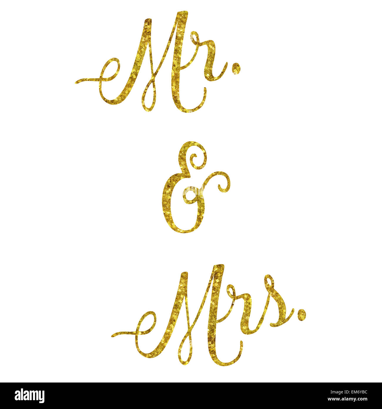 Mr. und Mrs glitzernde Gold Faux Folie Metallic inspirierend Zitat Isolated on White Background Stockfoto