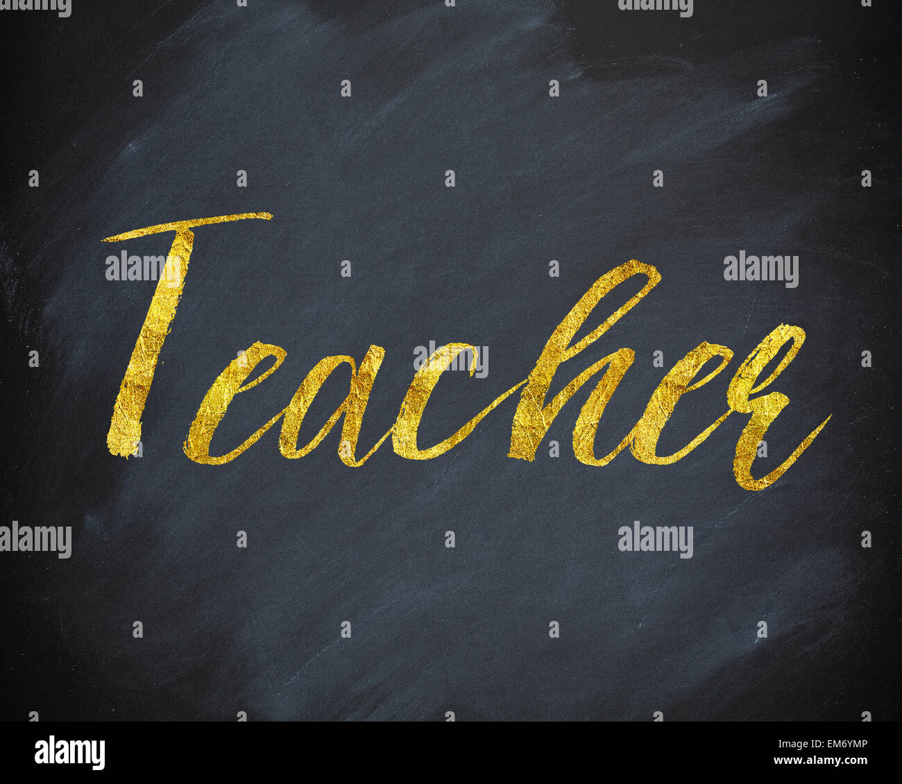 Lehrer Gold Faux Folie Metallic Glitter zitieren isoliert auf schwarze Tafel Stockfoto