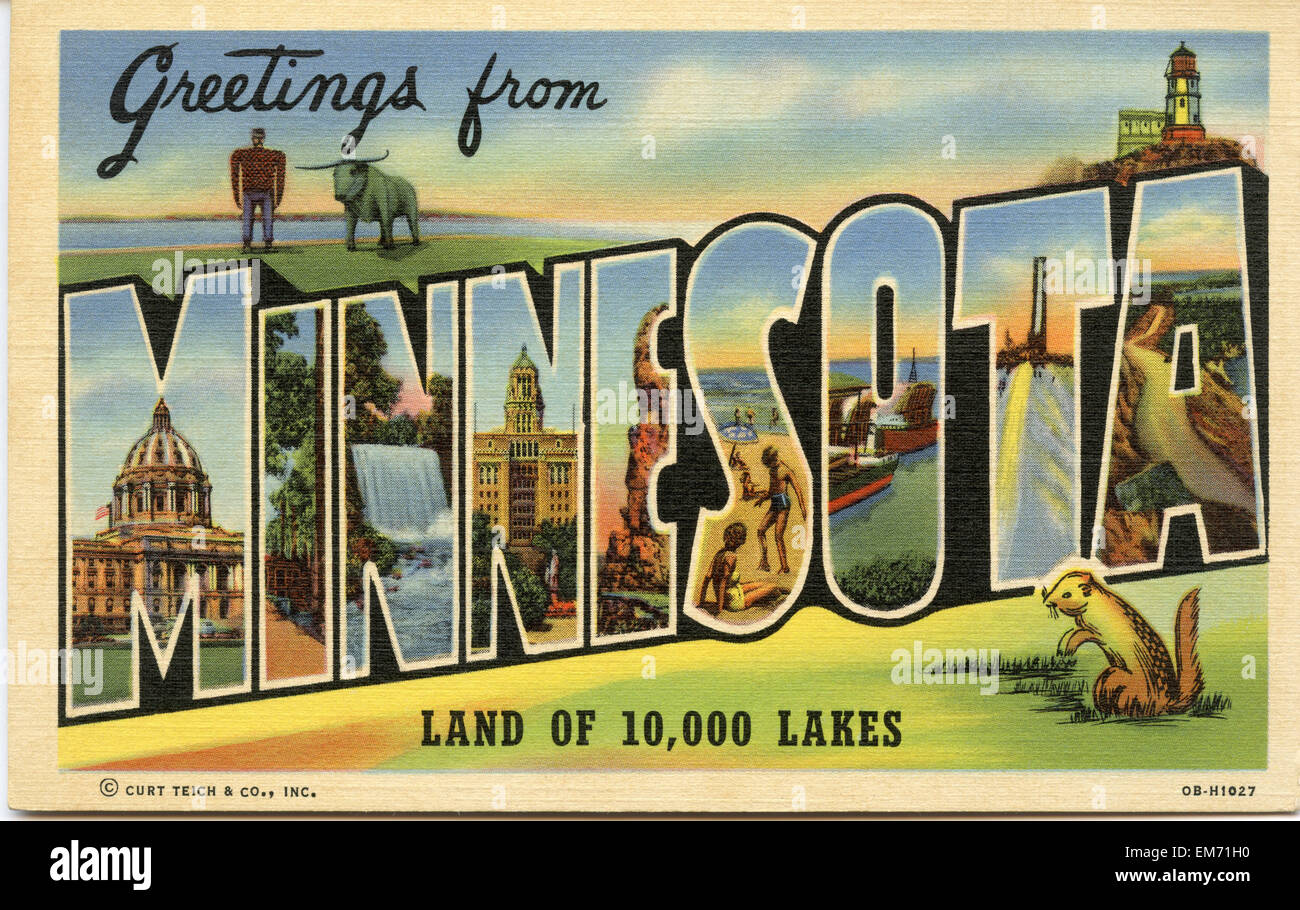 Großbrief "Grüße aus Minnesota" staatliche Namen alte Ansichtskarte ca. 1930-1940 Stockfoto