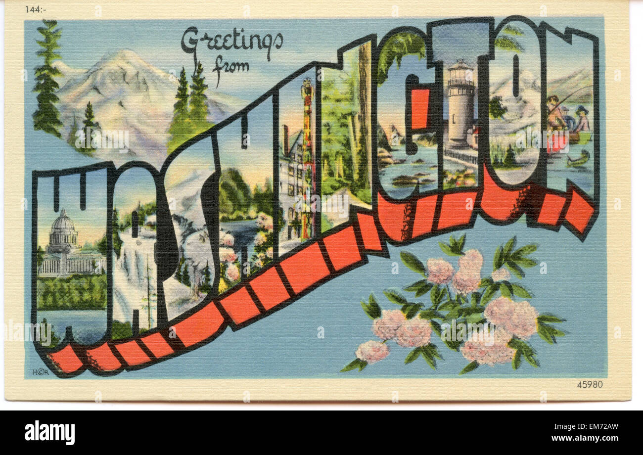 Großbrief "Greetings from Washington" staatliche Namen alte Ansichtskarte ca. 1930-1940 Stockfoto