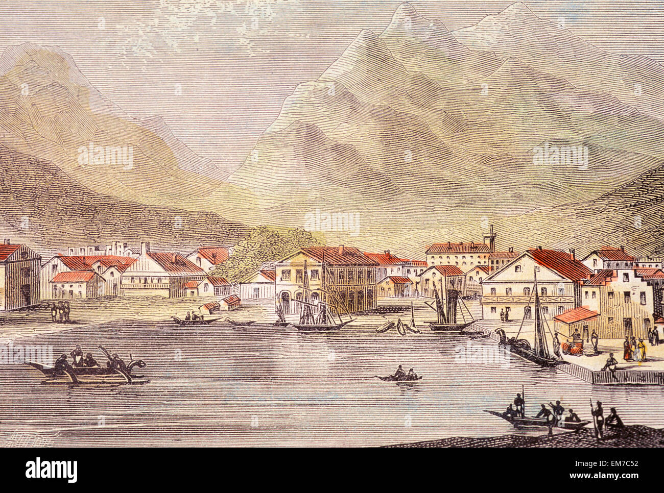 C.1830, Hawaii, Honolulu, Kunst Buchillustration des Honolulu Hafen. Stockfoto