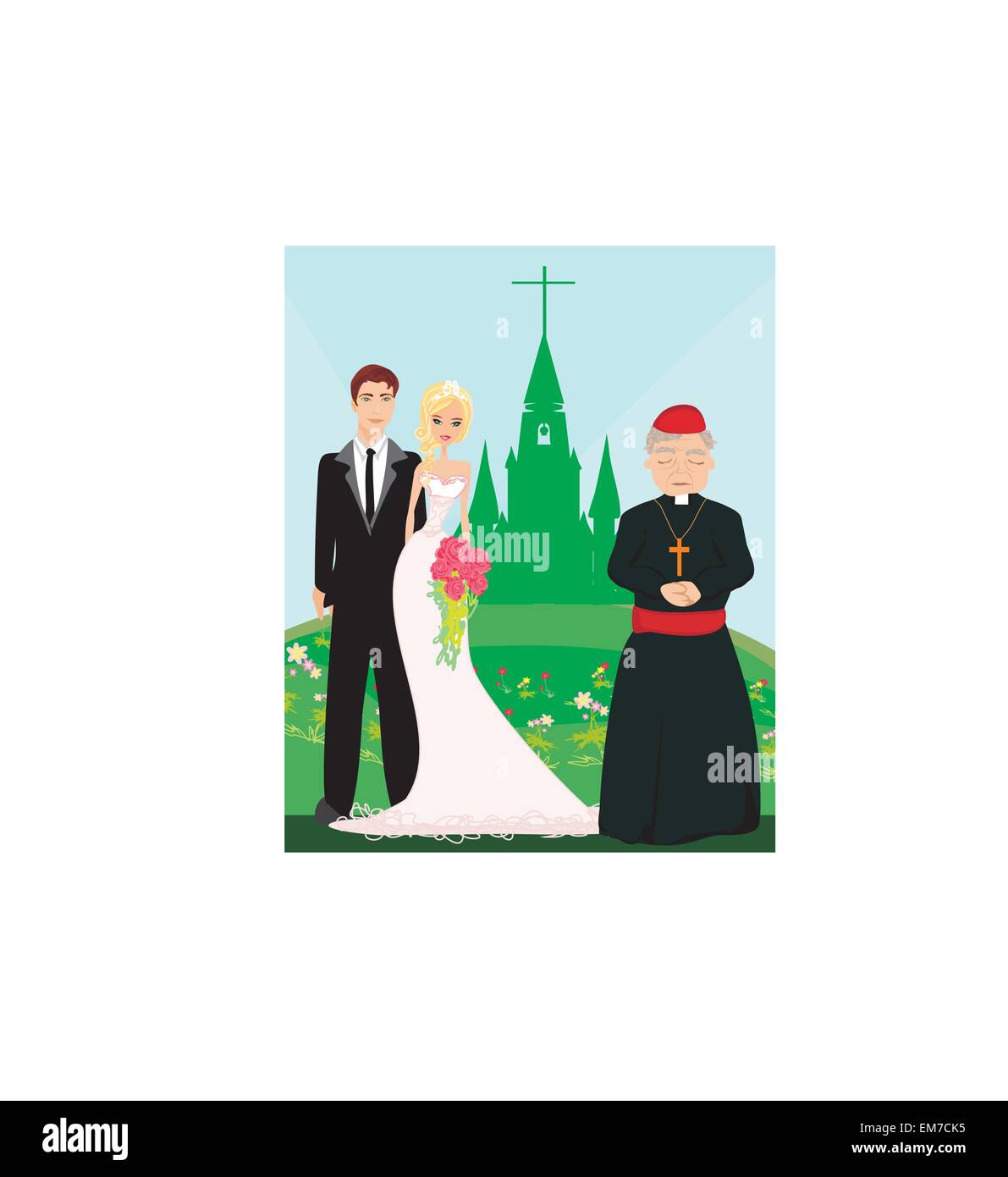 Hochzeitspaar und der Priester vor einer Kirche Stock Vektor