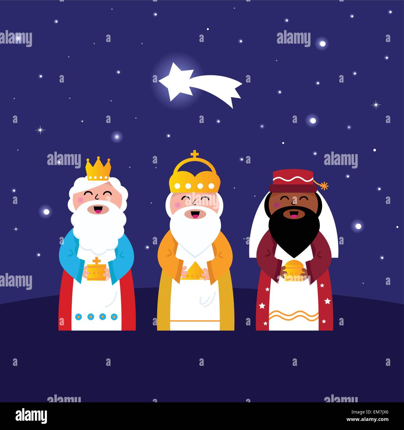 Drei Könige bringen Geschenke zu Christus (Nachtaufnahme) Stock Vektor