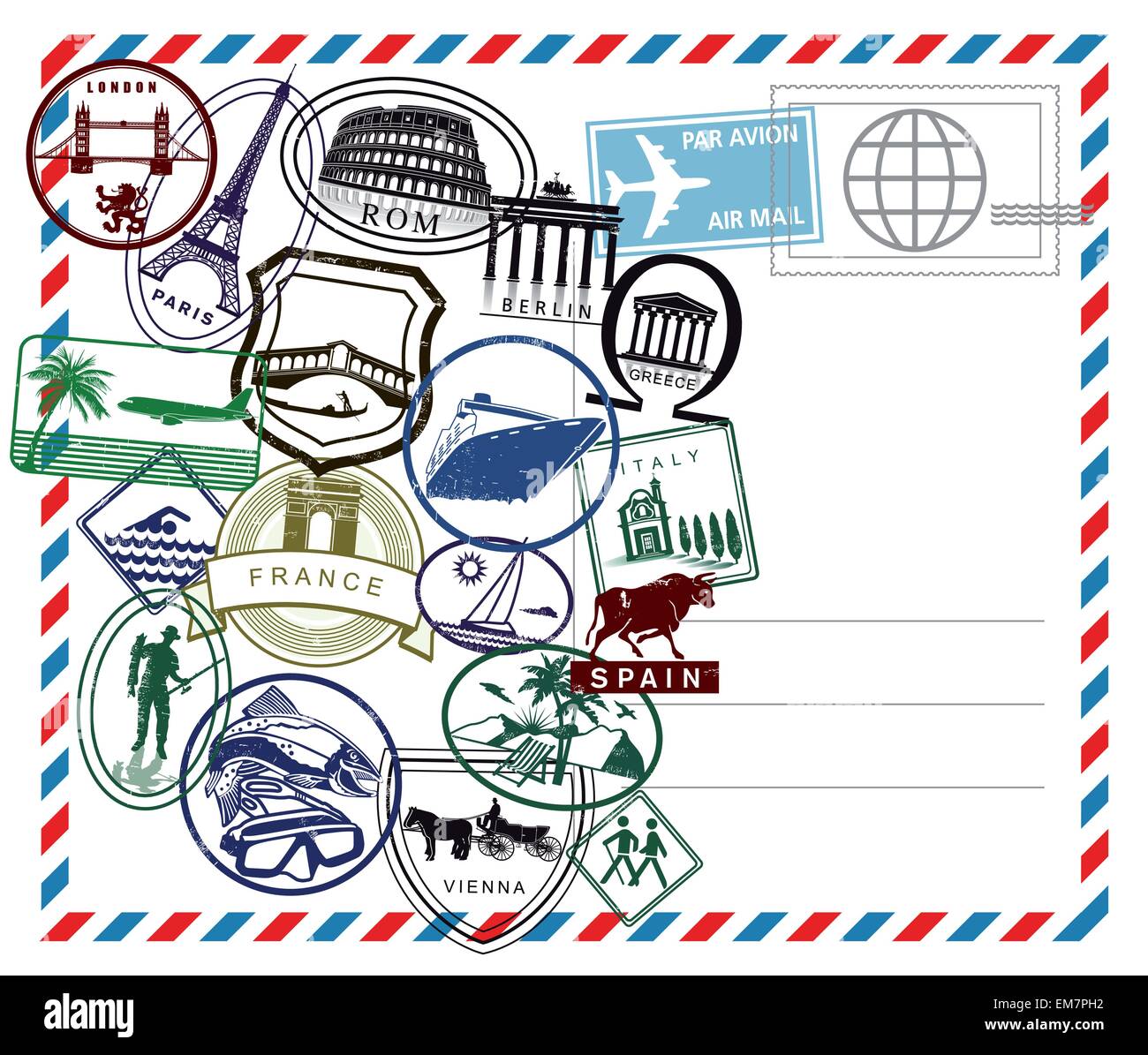 Welt reisen Luftpost Stempel auf weißem Grund Stock Vektor