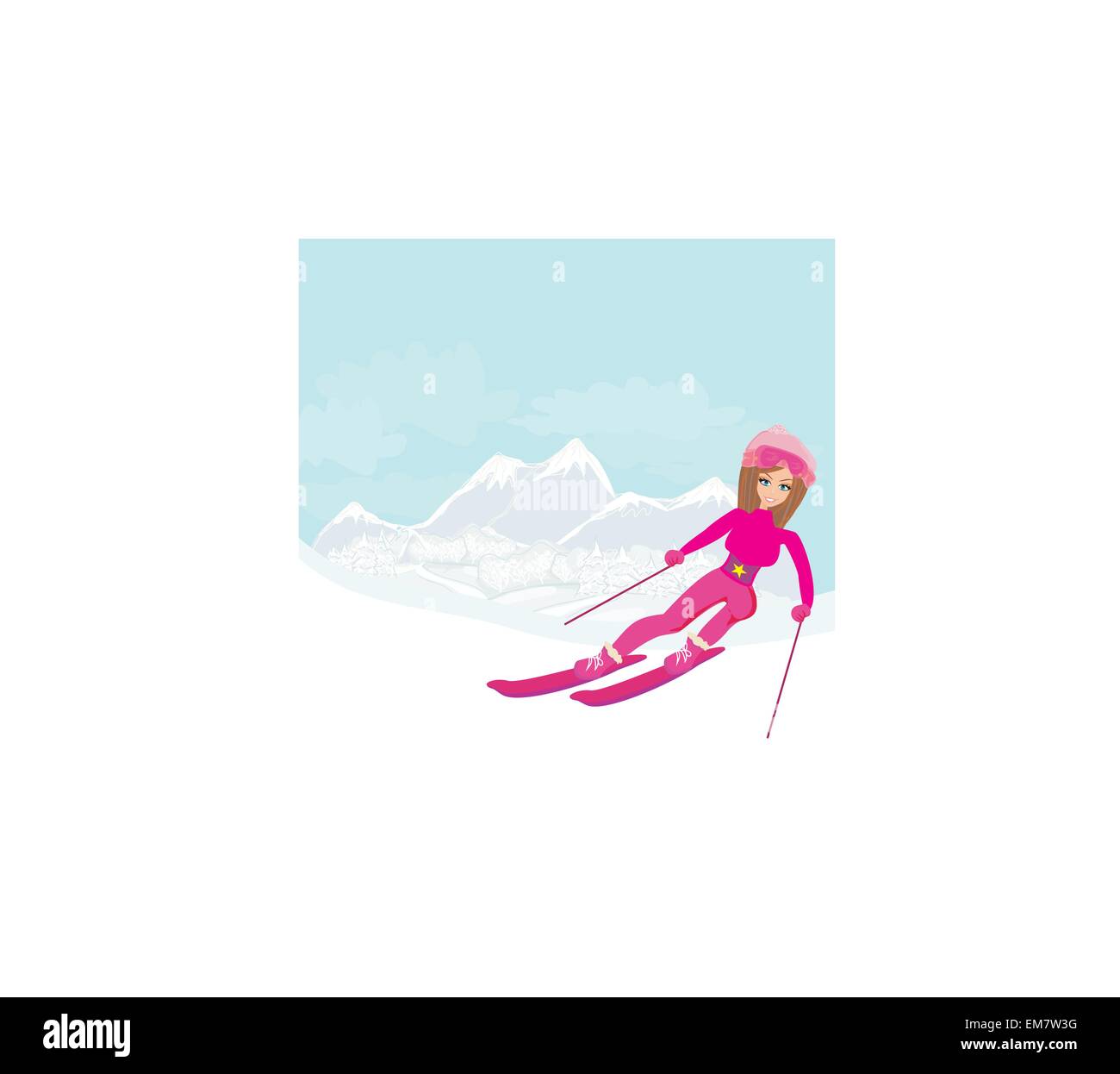 Darstellung einer jungen Frau Skifahren auf einem schneebedeckten Berg unter strahlend blauem Himmel sonnig Stock Vektor