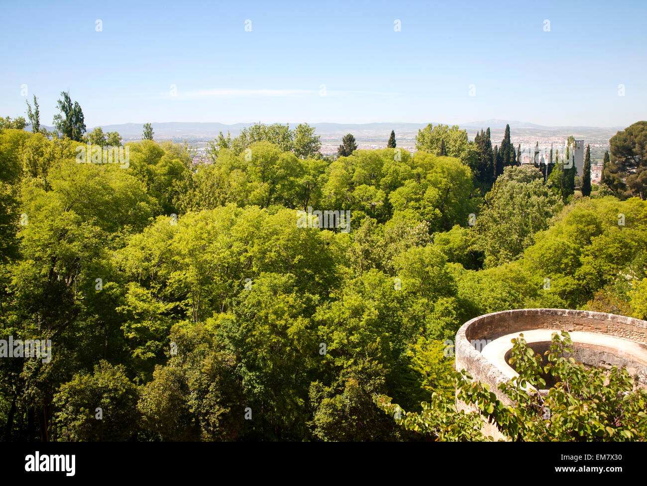 Blick über grüne Wipfel von der Alhambra, Granada, Spanien Stockfoto