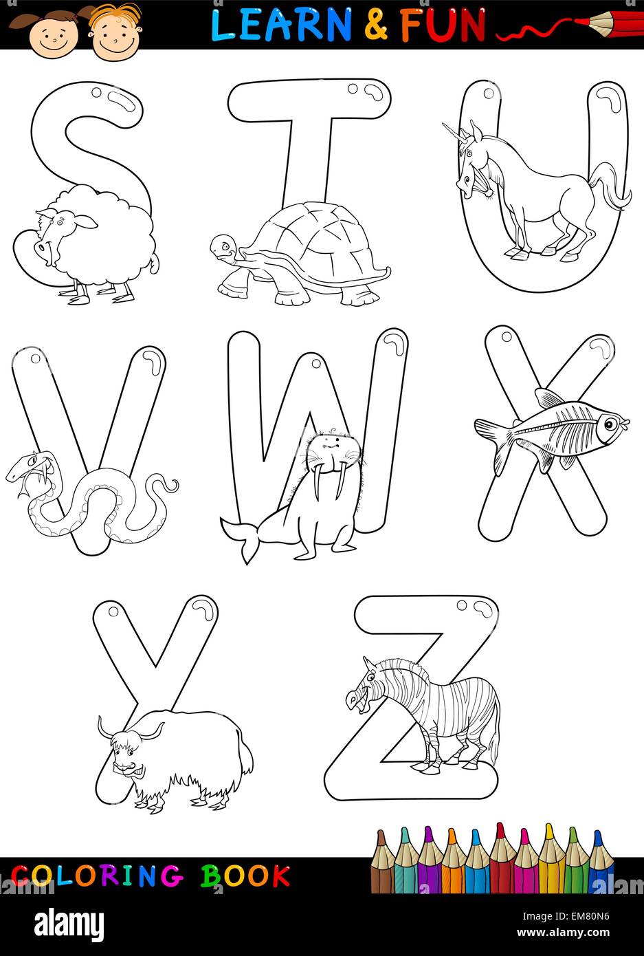 Cartoon-Alphabet mit Tieren zum Ausmalen Stock-Vektorgrafik - Alamy
