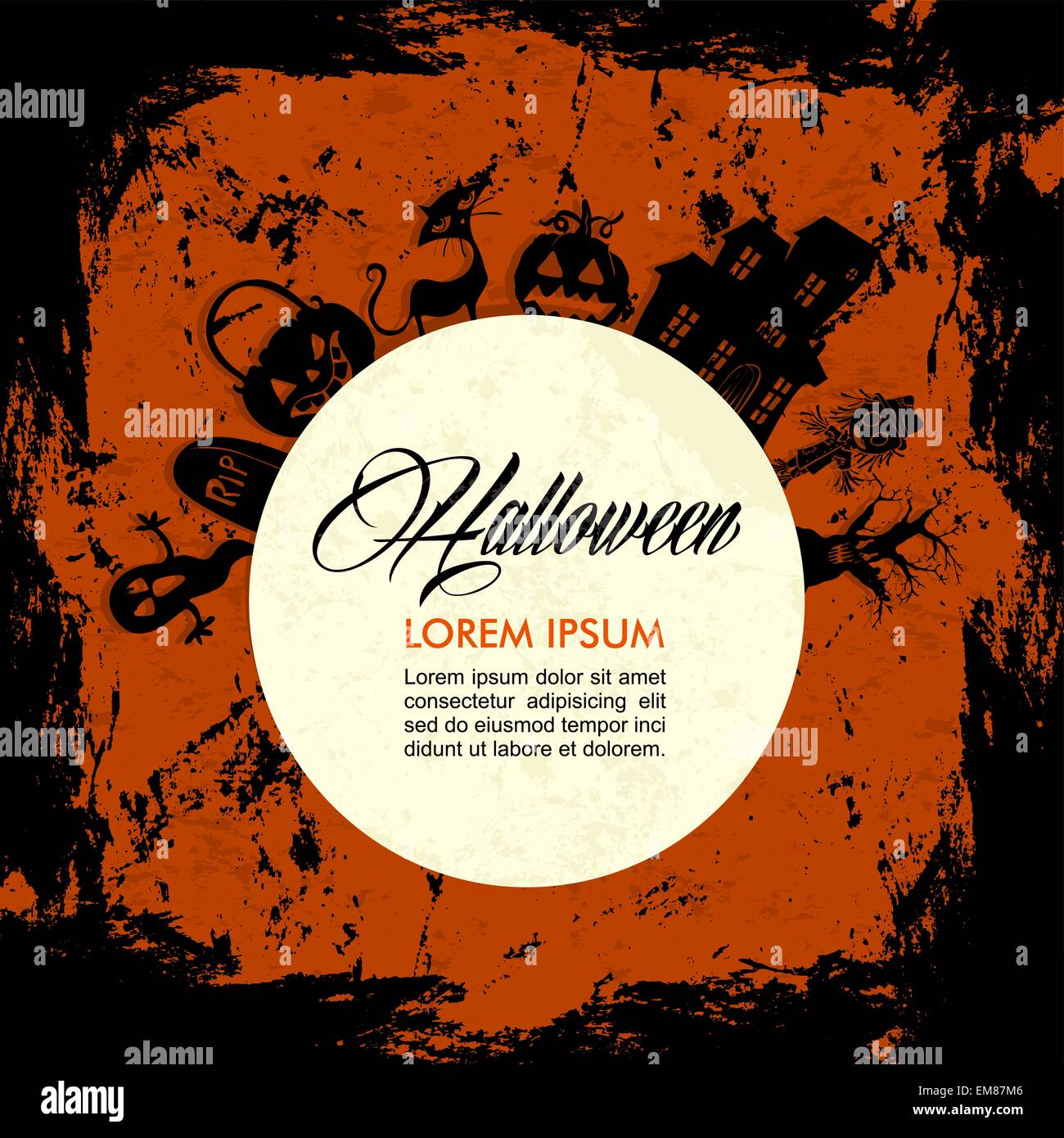 Halloween-Text und Elemente, Vollmond, Grunge Hintergrund EPS10 Stock Vektor